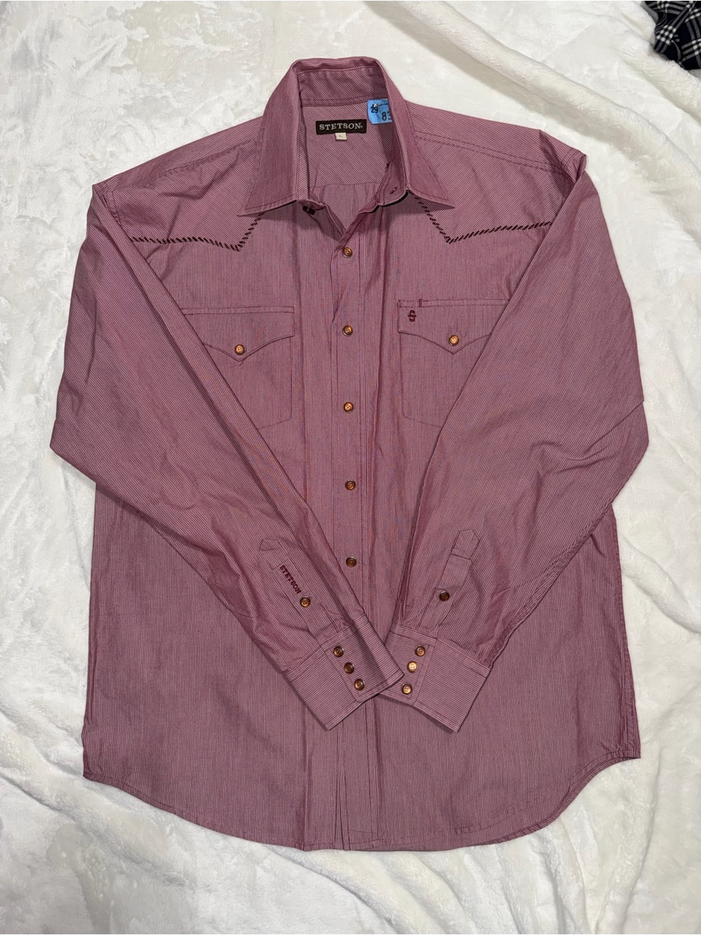 Vintage Stetson Mauve Striped Western Pearl Snap Shirt with branded Stetson “S”